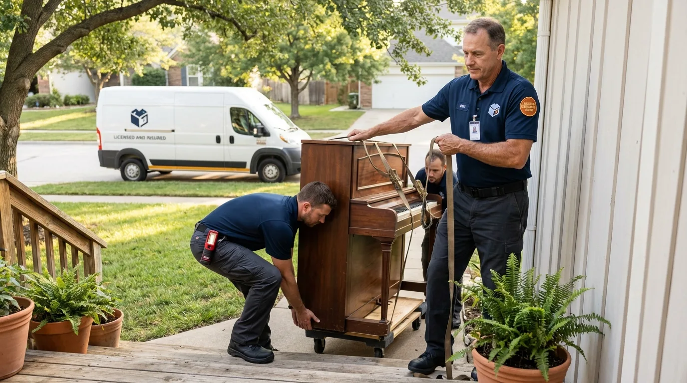 Licensed piano movers securing grand piano in Negaunee, MI