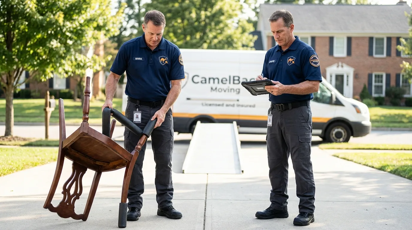 Movers inspecting furniture for damage prevention before loading in Negaunee, MI