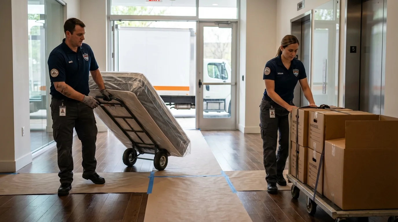 Professional apartment movers loading elevator in Negaunee, MI
