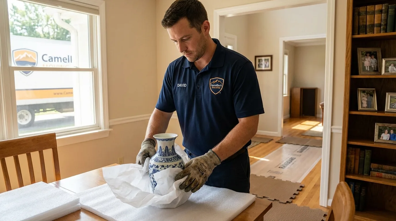 Professional crew carefully wrapping antique vase for senior downsizing move in Negaunee, MI